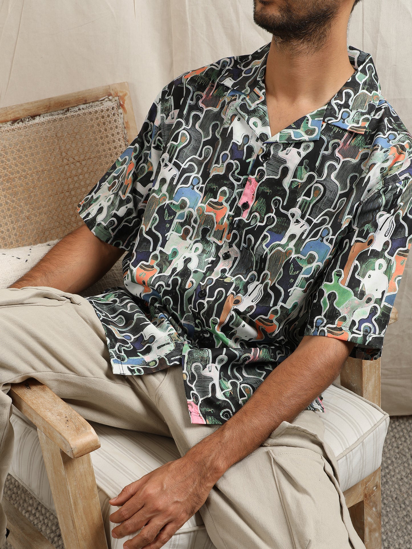 CHARCOAL SILHOUETTES CUBAN COLLAR SHIRT